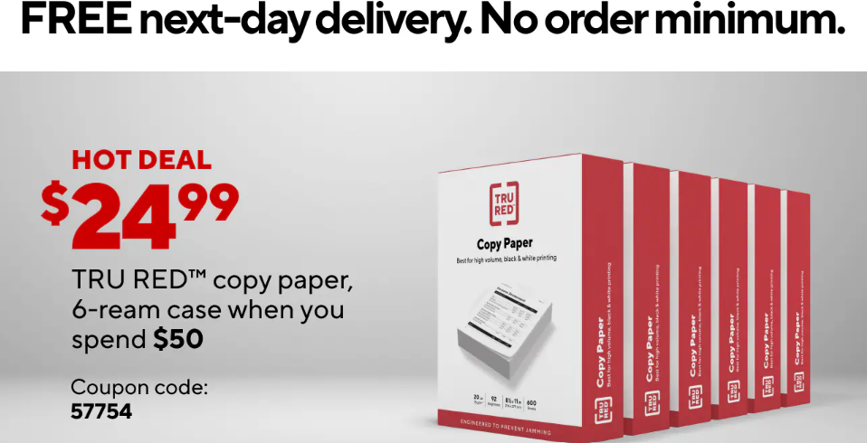 Staples 6 reams of paper for only $24.99 when you spend $50+