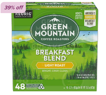 Staples Green Mountain Coffee Roasters Breakfast Blend Coffee Keurig K-Cup Pods, Light Roast, 48/Box for $19.99