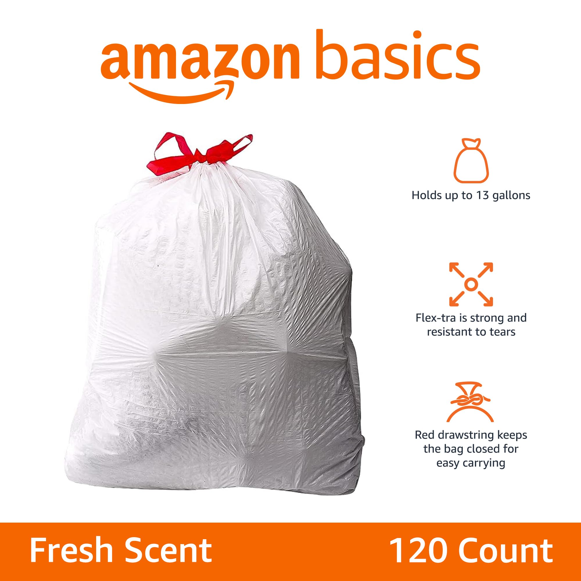 120-Count 13-Gallon Amazon Basics Flextra Tall Kitchen Drawstring Trash Bags Fresh Scent $11.97 Free Shipping w/ Prime or on $35 