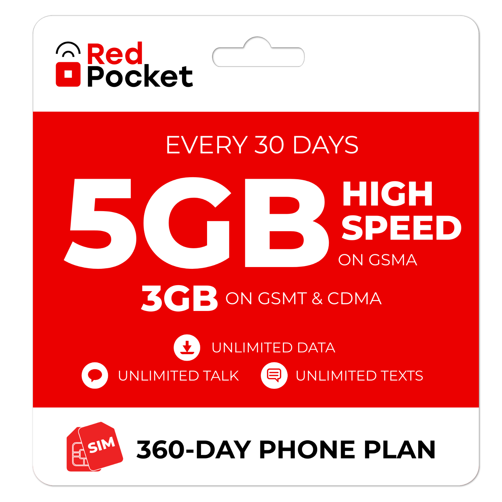 $13/Mo $156 Red Pocket Prepaid Plan UnImtd Everything, GSMA 5GB GSMT CDMA 3GB