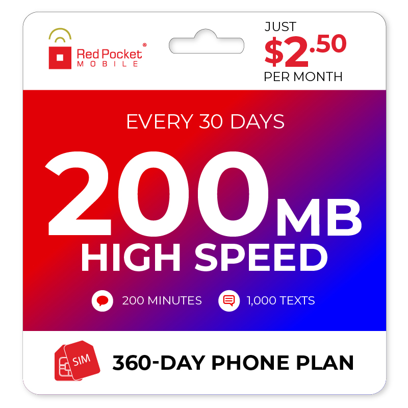 $2.50/Mo Red Pocket Prepaid Plan 200 Talk 1000 Text 200MB $30