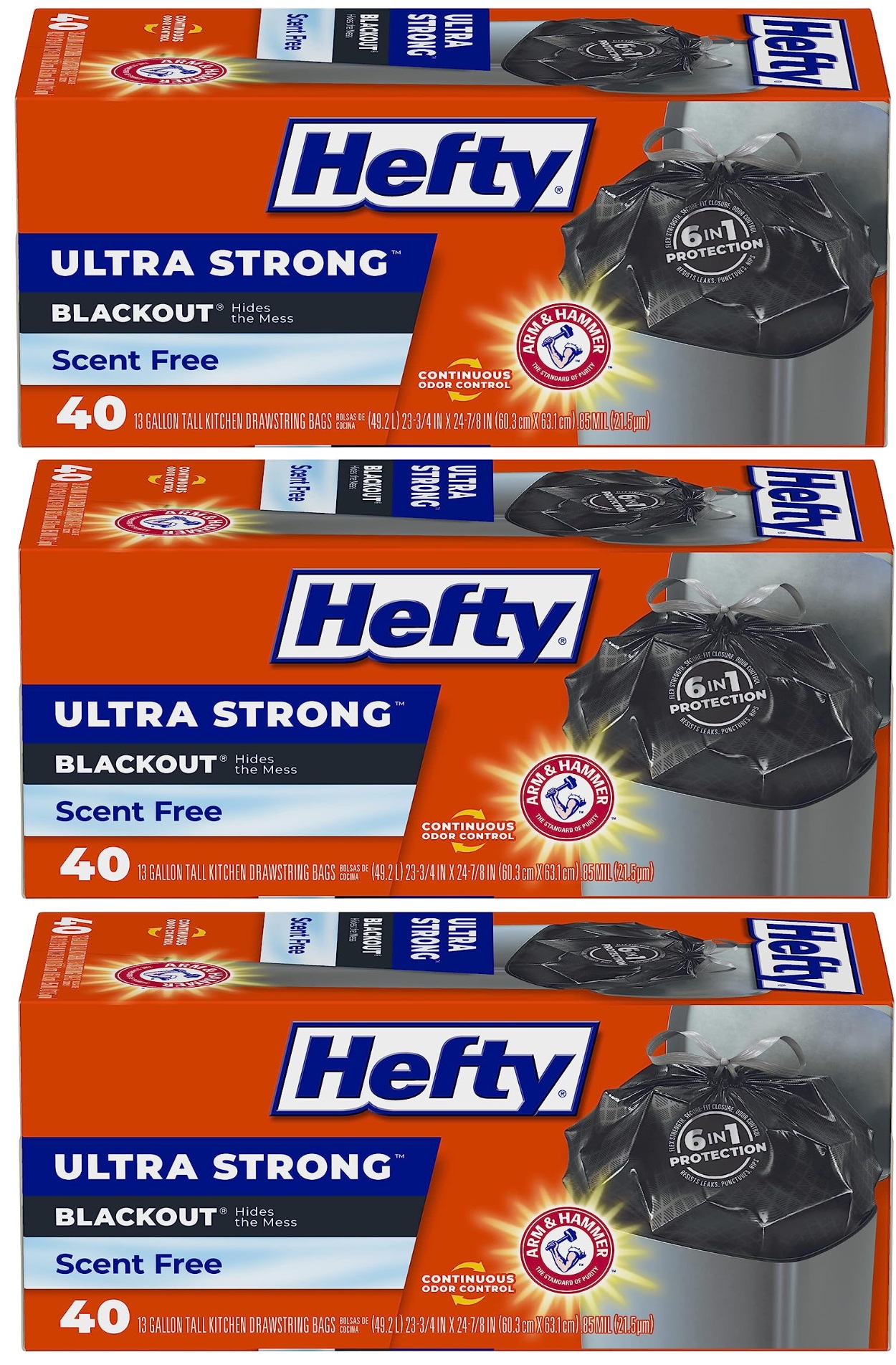 Hefty Ultra Strong Tall Kitchen Trash Bags, Blackout, Unscented, 13 Gallon, 40 Count $5.98