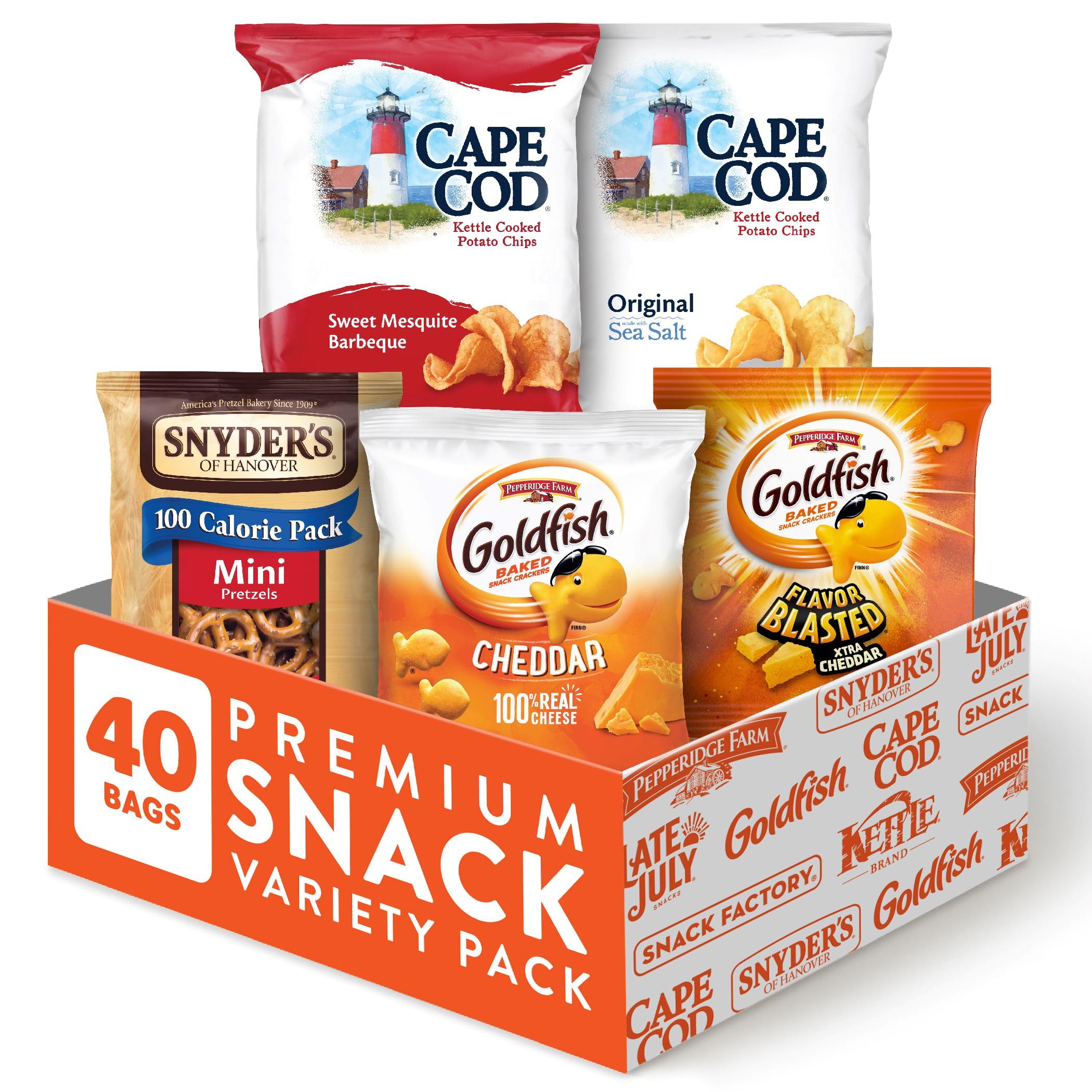 40-Count Snack Variety Pack Goldfish Crackers, Snyders of Hanover Pretzels, and Cape Cod Potato Chips $16.64