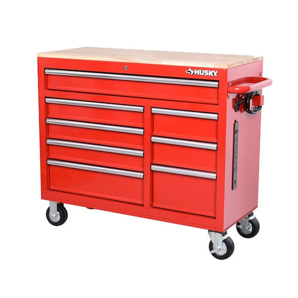 Husky 42 in. W x 18.1 in. D 8-Drawer Red Mobile Workbench Cabinet with Solid Wood Top $298
