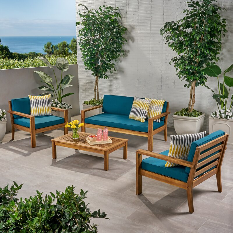 4-Piece Foundry Select Nowthen Outdoor Patio Set w/ Cushions Dark Brown Frame Dark Teal Cushions $290 Free Shipping