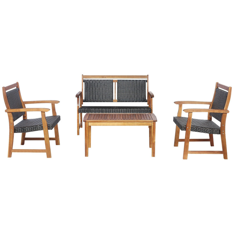 4 Piece Outdoor Acacia Wood Rattan Patio Furniture Loveseat Set w/ 2 Chairs Coffee Table $205 Free Shipping