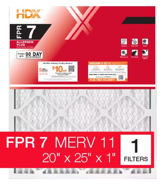 HDX 20 in. x 25 in. x 1 in. Allergen Plus Pleated Furnace Air Filter FPR 7, MERV 11 $6.99 for 4