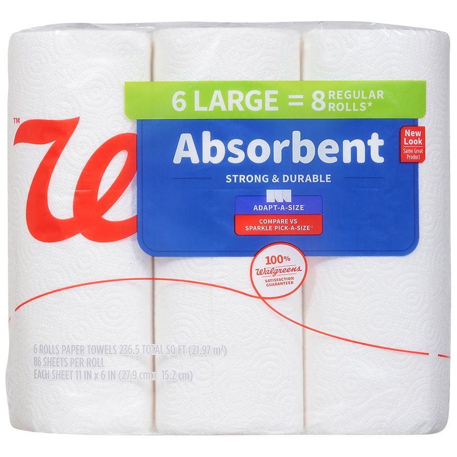 6 Large Rolls Walgreens Absorbent Paper Towels 8 Regular Rolls $2.50 at Walgreens More Free Store Pickup on $10