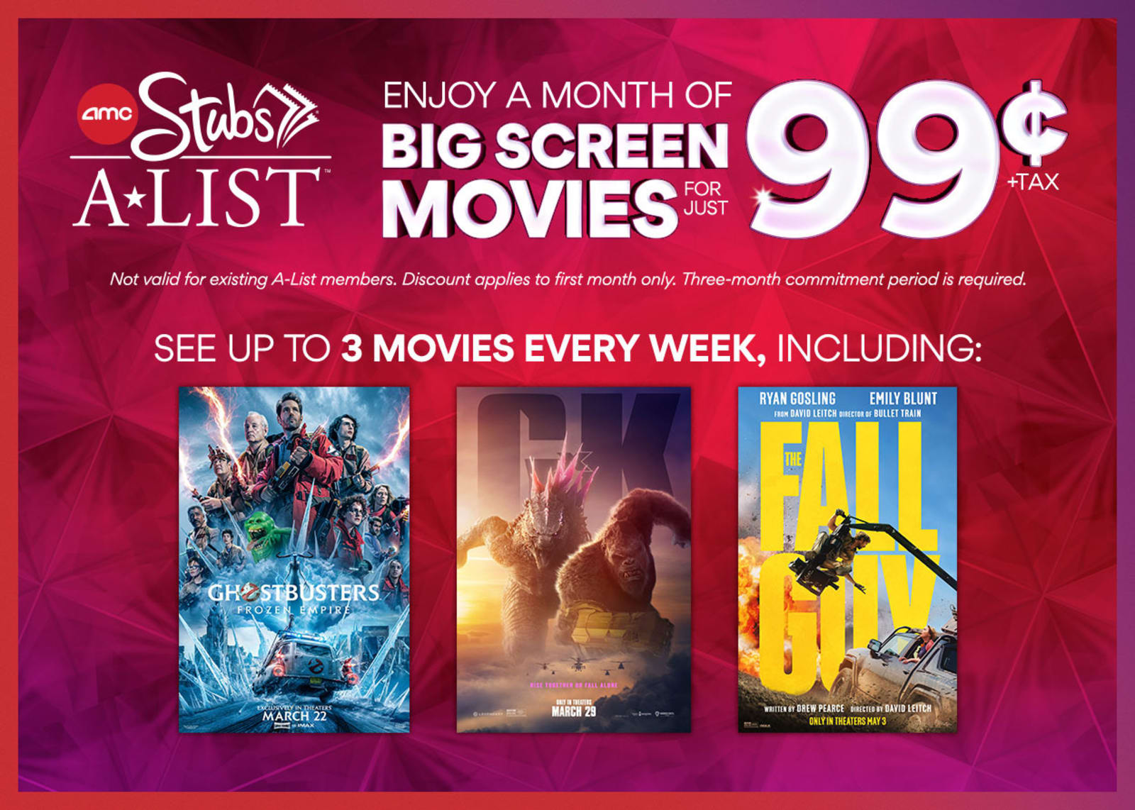 AMC Theatres AMC Stubs A-List Membership for $0.99 for First Month 3-Months Required