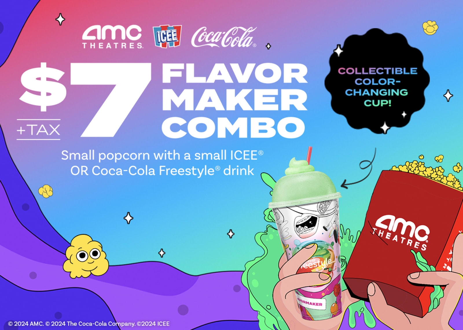 AMC Theatres Small Popcorn Small ICEE or Coca-Cola Freestyle Drink in Color Changing Cup for $7 Must show Student ID