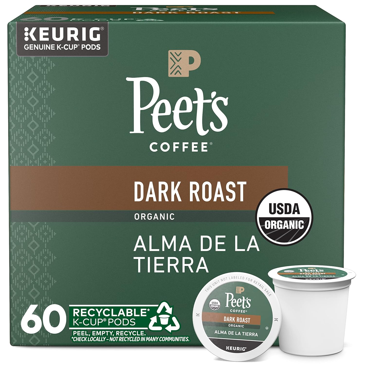 Amazon.com Peets Coffee, Dark Roast K-Cup Pods for Keurig Brewers - Organic Alma de la Tierra, USDA Organic 60 Count 6 B