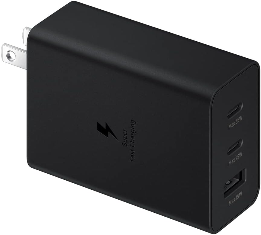 Amazon.com Samsung 3-Port Super Fast Charging Wall Charger, 1x USB-C 65W, 1x USB-C 25W, 1x USB-A 25W, Max capacity 65W Cable not included $29.32