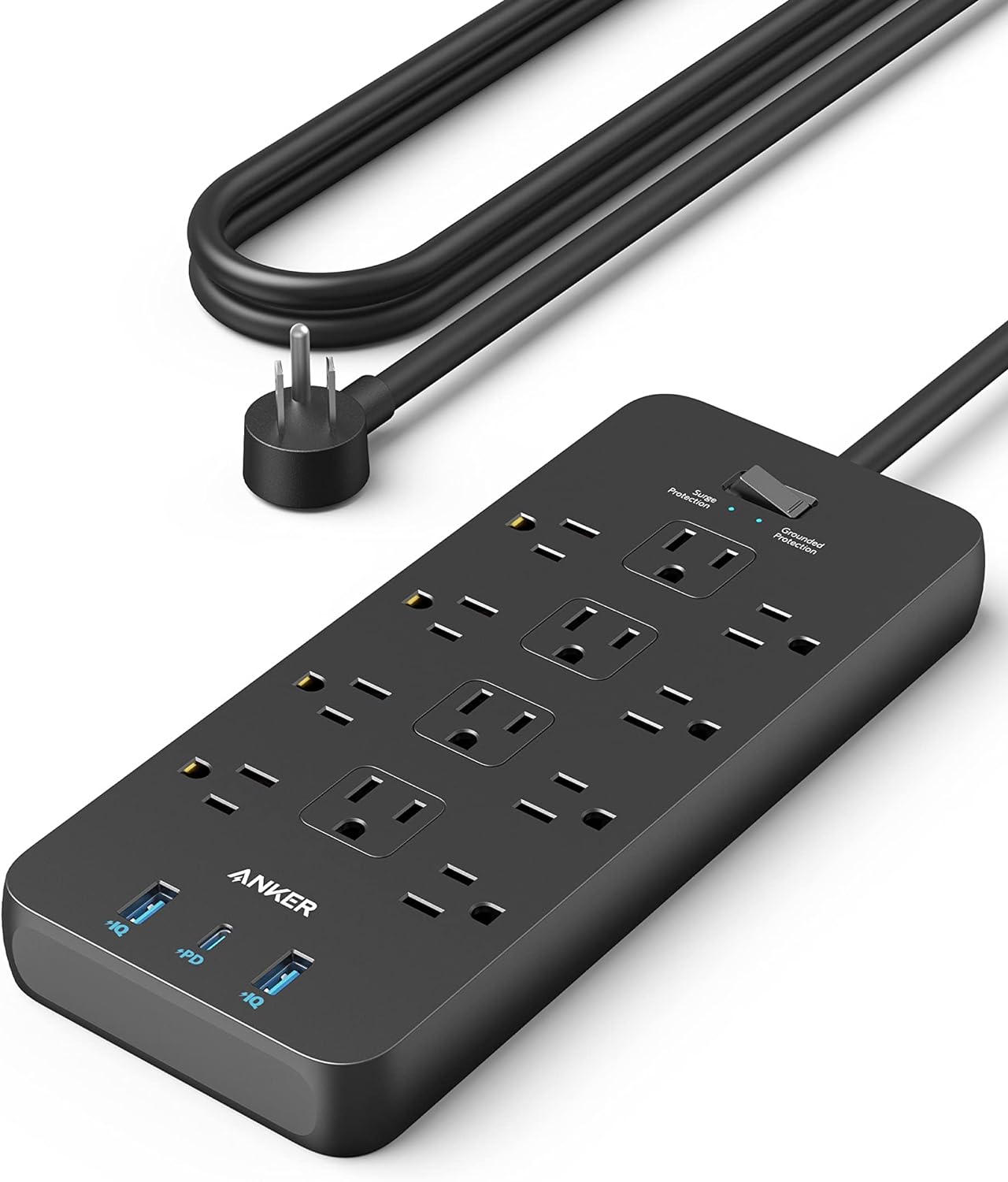 12-Outlet Surge Protector 6 ft. Braided Cord USB Coax, Black $22