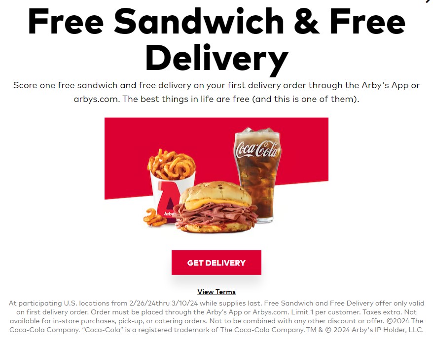 Arbys First-Time Delivery Orders Free Sandwich Free Delivery through 3/10/24