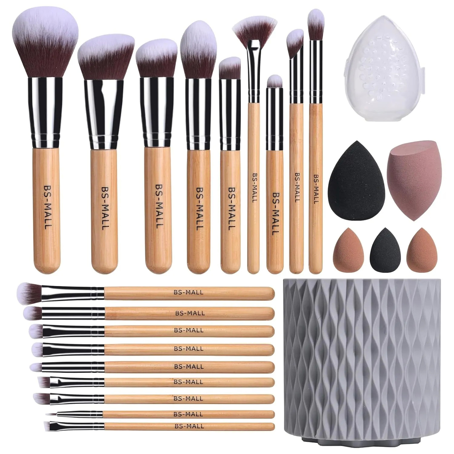 BS-MALL Makeup Brushes Bamboo Premium Synthetic Foundation Powder Concealers Eye Shadows 18 Pcs Brush Set with 5 sponge 