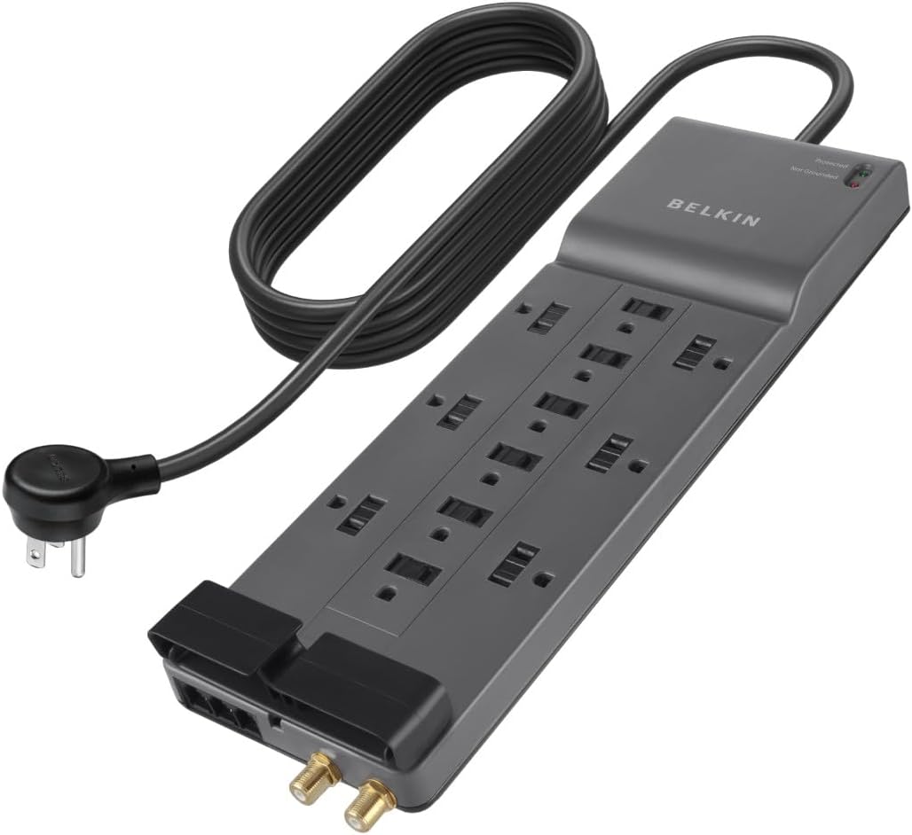 Belkin Surge Protector Power Strip w/ 12 AC Outlets 8ft Long Flat Plug, UL-listed Heavy-Duty Extension Cord f- 3,940 Jou