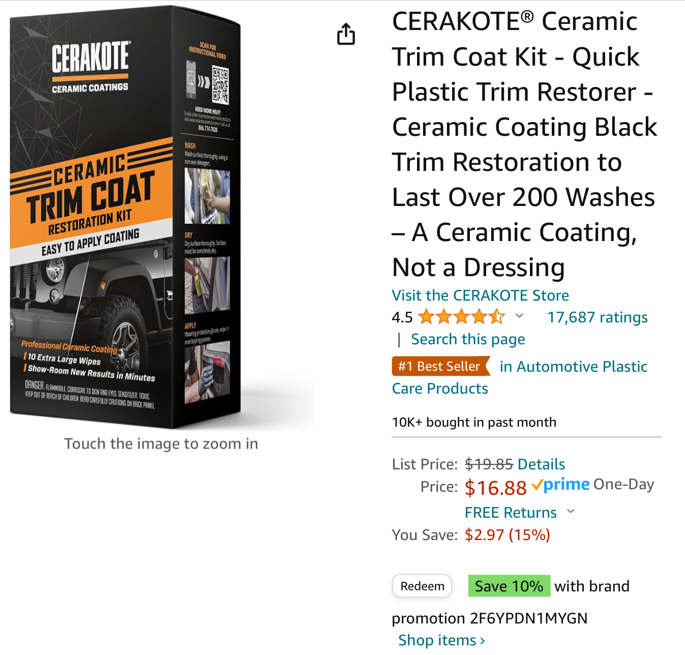 CERAKOTE Ceramic Trim Coat Kit - Quick Plastic Trim Restorer $13.50