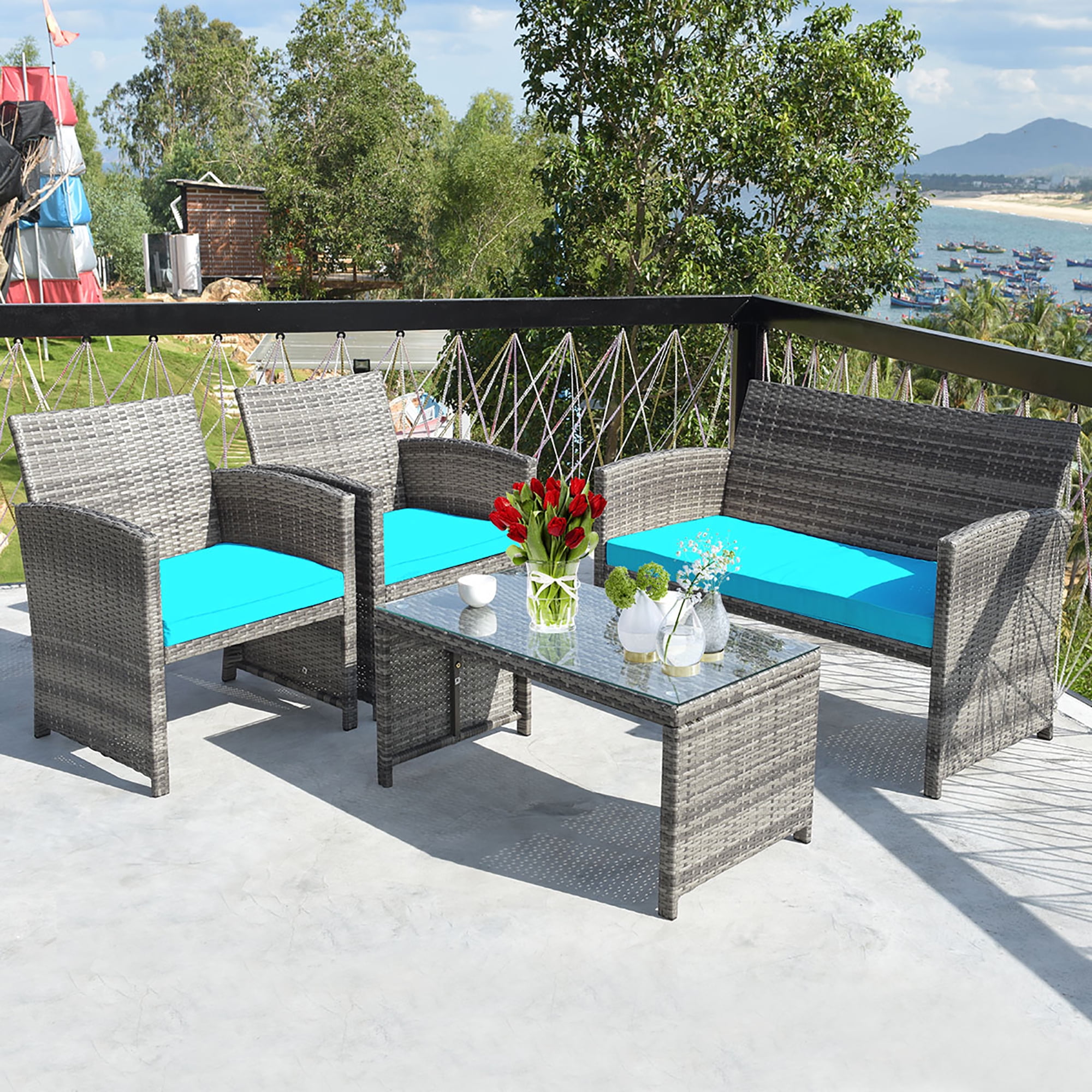 Costway 4PCS Patio Rattan Furniture Set Conversation Glass Table Top Cushioned Sofa Outdoor Turquoise $189.99