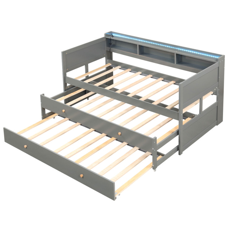 Costway Twin XL Captain Bed w/ 2 Twin Trundle Beds, Bookcase w/Lights USB Ports $274 Free Shipping