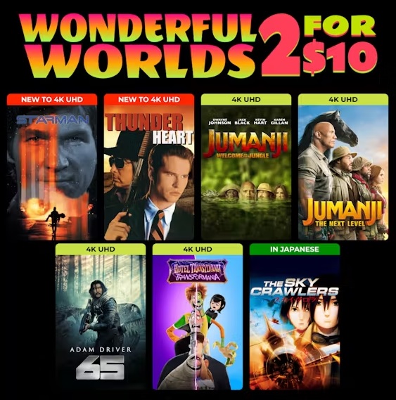 Digital 4K / HD Films Starman, Thunderheart, Jumanji, The Fifth Element, Brightburn 2 for $10 More