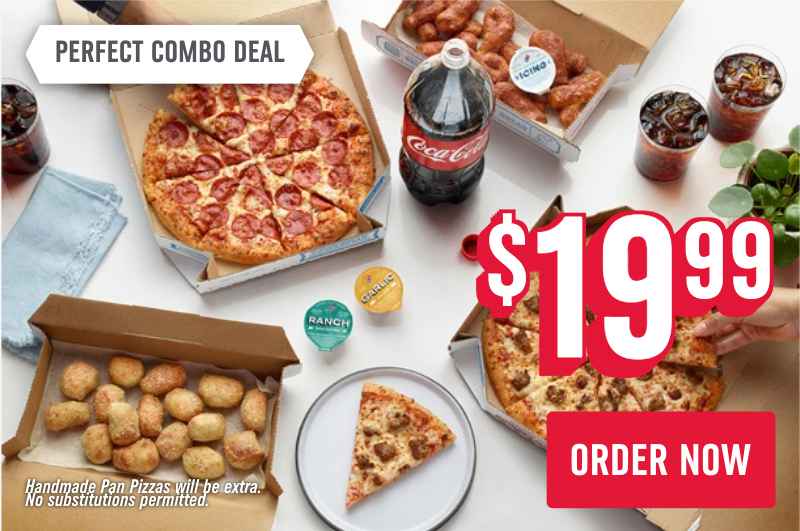 Dominos 2 Medium 1-Topping Pizzas, 16-Piece Parmesan Bread Bites, 8-Piece Cinnamon Twists 2L Soda $20 Delivery or Carryo