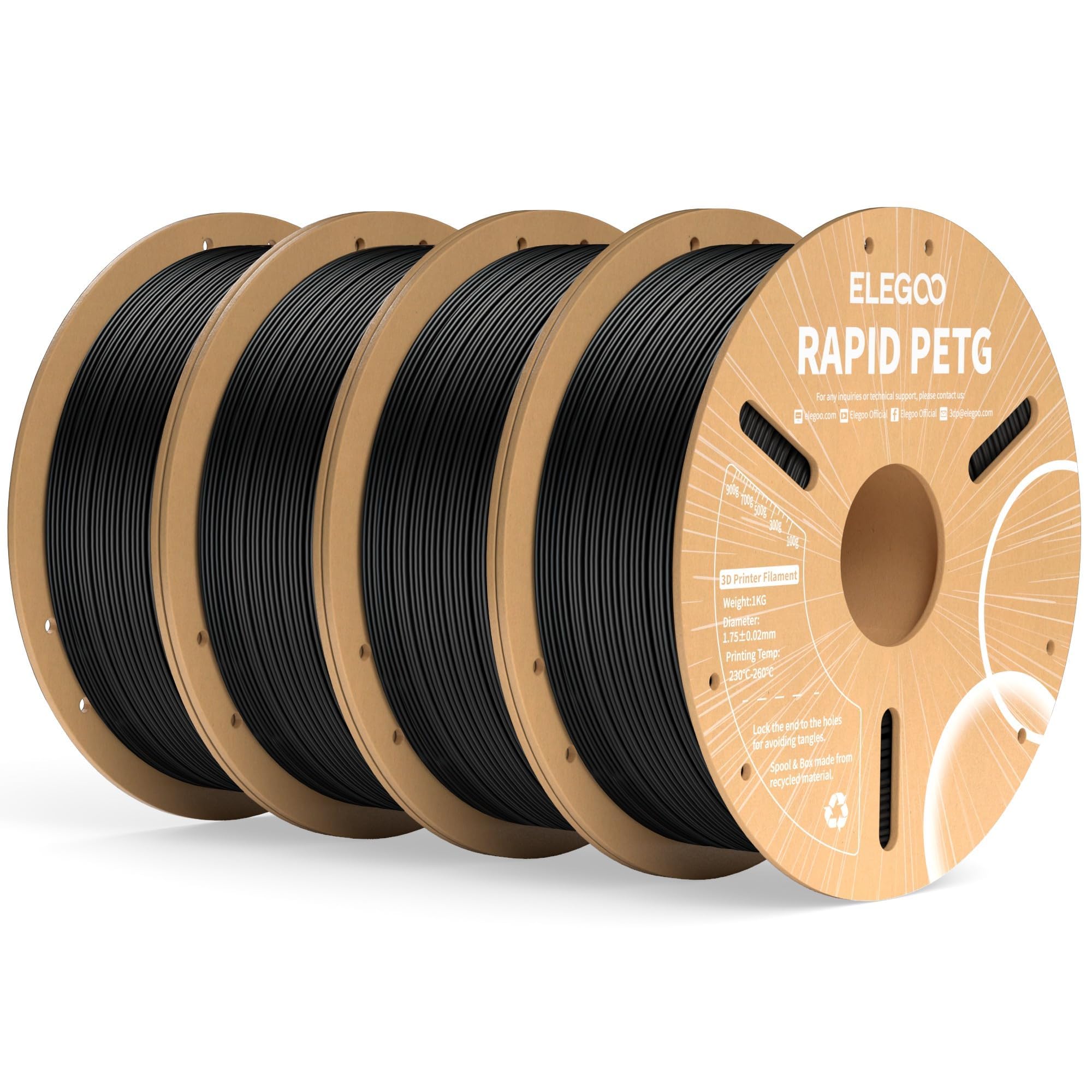 ELEGOO Rapid PETG Filament 1.75mm Black 4KG 4, 1KG spools , $40.77