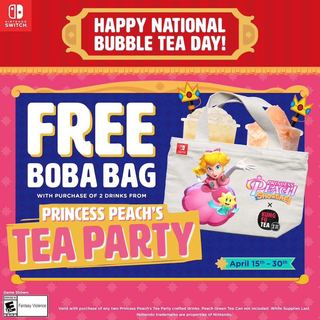 Free Limited Edition Boba Bag with Purchase of 2 Handcrafted Drinks from Princess Peach s Tea Party at Kung Fu Tea April