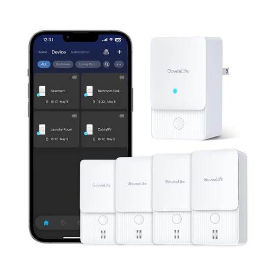 Govee Wi-Fi Water Sensors V2 Alarm 1x Wi-Fi Hub 4 Sensors $44, Hub 6 Sensors $70.39, 3 Sensors $44, 5 Sensors $44 Free S