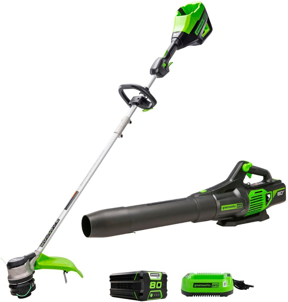 Greenworks 80 Volt 16-Inch Cutting Diameter Straight Shaft Grass Trimmer Axial Blower w/ 1 x 2.0Ah Battery Charger $289.