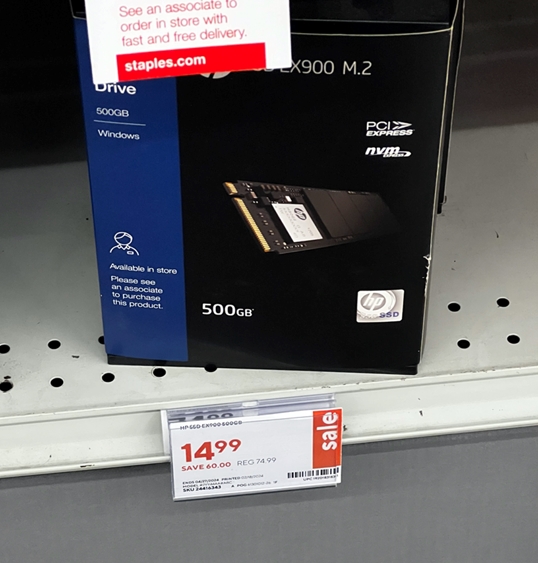 HP EX900 500GB NVME Gen 3 SSD for $14.99 at Staples in store only YMMV