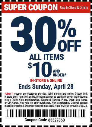 Harbor Freight Online/In-Store Coupons 30 Off Any Single Item Under $10 Valid thru 4/28 