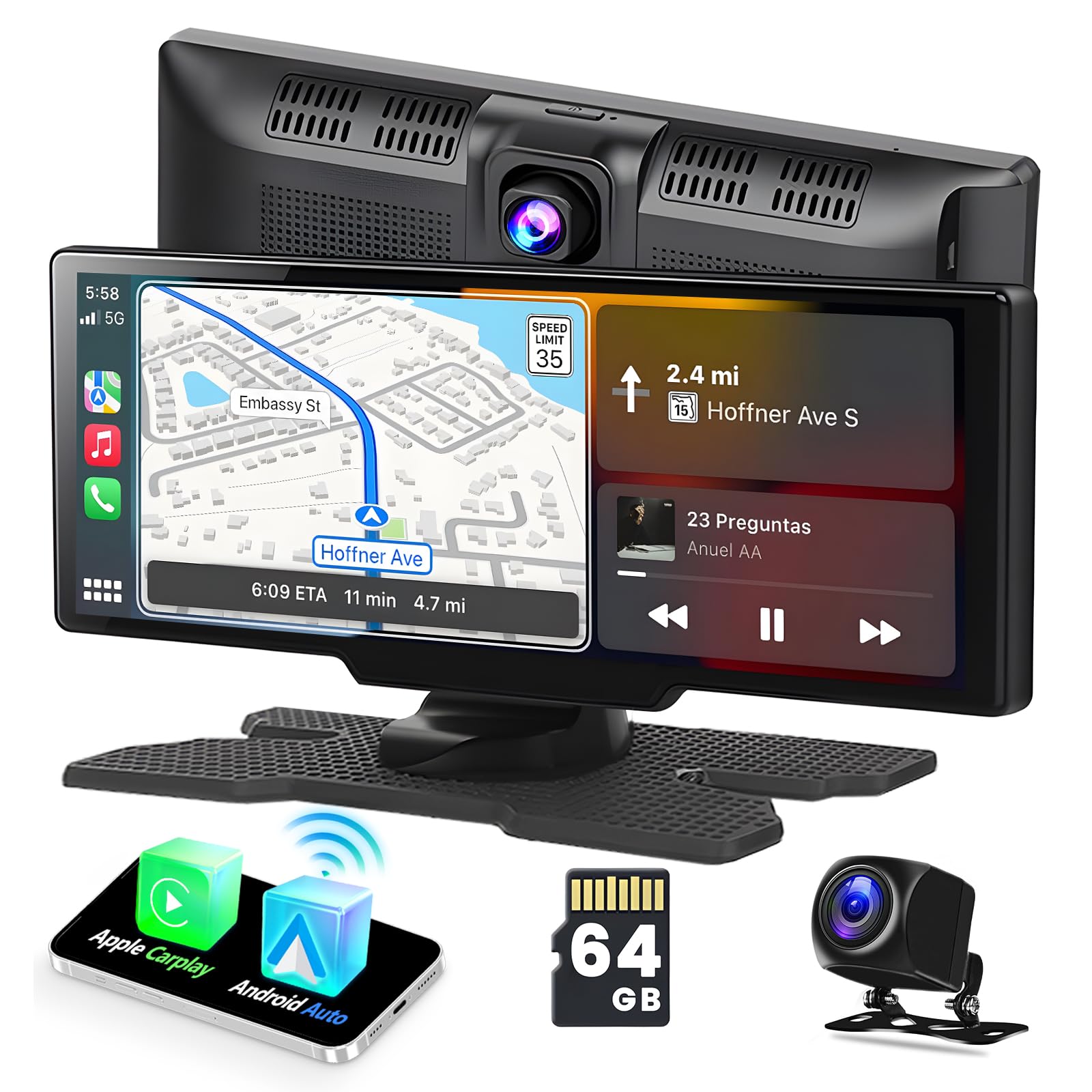 Hikity Wireless Carplay Android Auto Portable Car Stereo, 10.26 Inch HD Car Play Screen with 2.5K Dash Cam, 1080P Backup Cam, 64G TF Card $33.99 AC on Amazon