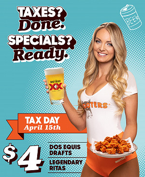 Hooters Restaurant Buy 10 Wings, Get 10 Wings FREE for Tax Day 4/15/24 Only 