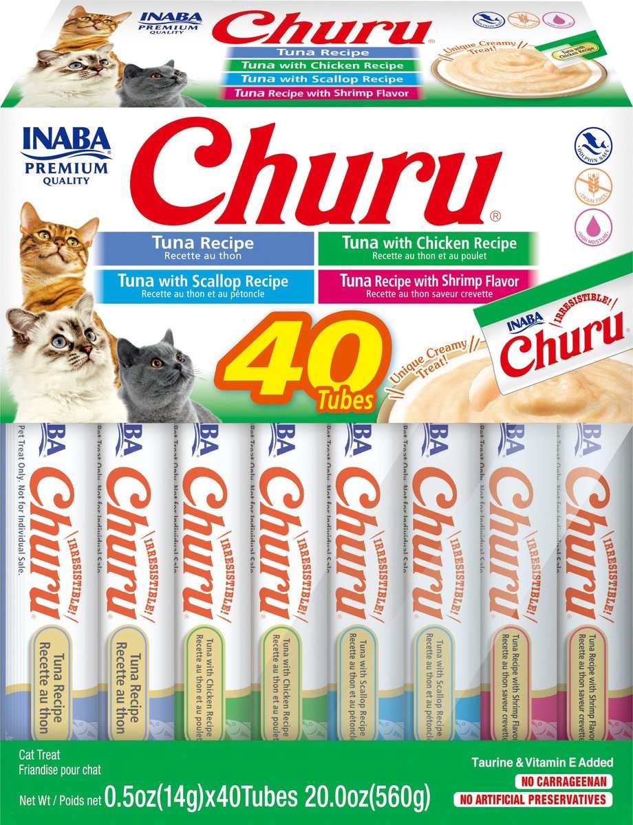 Inaba Churu Tuna Seafood Variety Creamy Puree Grain-Free Lickable Cat Treats 40ct $17.60