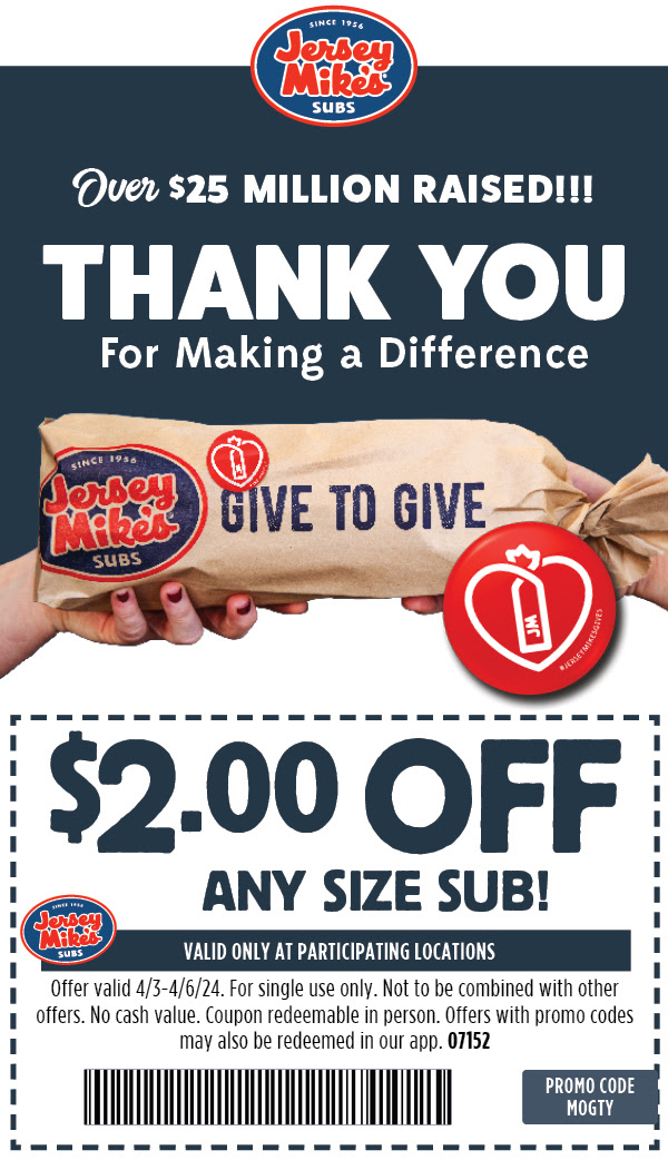 Jersey Mikes Additional Savings on Any Regular Sub $2 Off via App or Coupon Valid Until 4/6/24