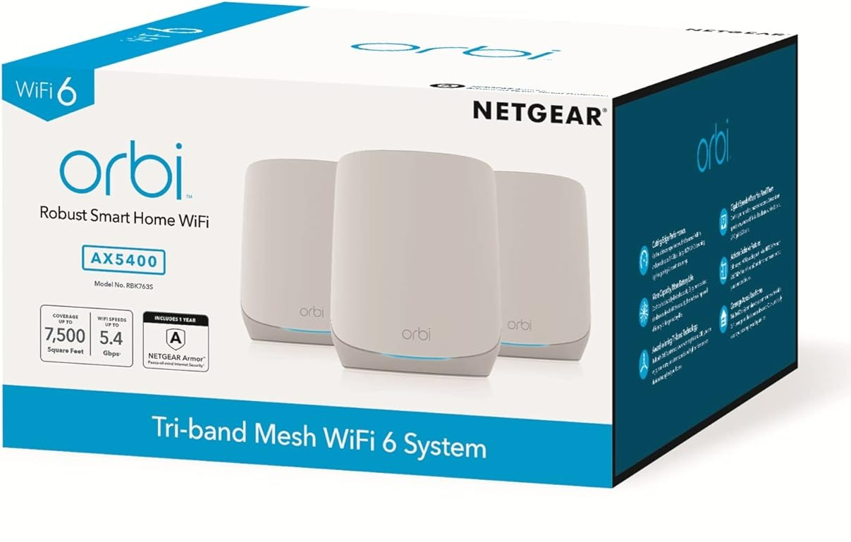 Netgear Orbi RBK763-100NAR AX5400 Tri-band WiFi 6 Mesh System, 5.4Gbps, Router and 2 Satellites Renewed - $249.99