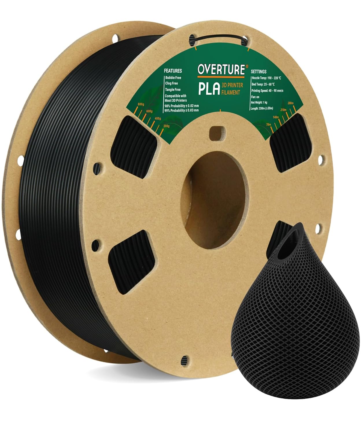 OVERTURE PLA Filament 1.75mm PLA 3D Printer Filament, 1kg Cardboard Spool 2.2lbs , Dimensional Accuracy /- 0.02mm, Fit M