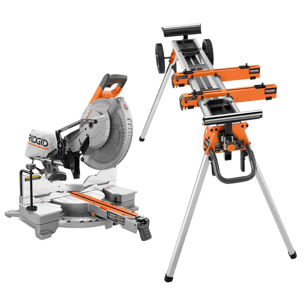 RIDGID 15 Amp 12 in. Corded Dual Bevel Sliding Miter Saw with 70 Deg. Miter Capacity with Professional Compact Miter Saw