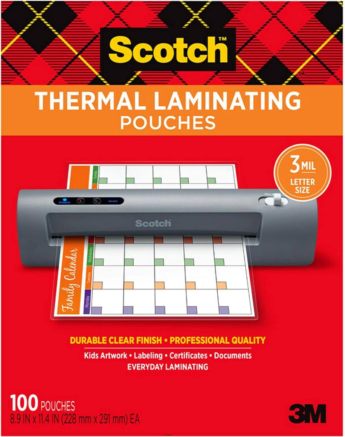 Scotch Thermal Laminating Pouches, For Use With Thermal Laminators, 8.9 x 11.4 Inches, Letter Size Sheets, 100 Count Pac