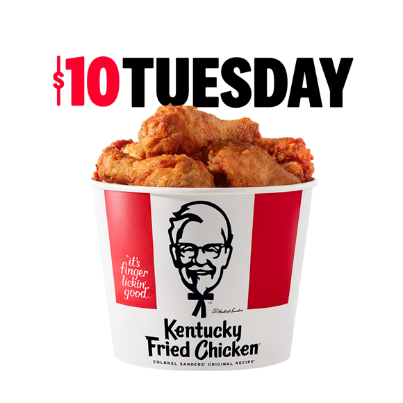 Select KFC Restaurants 8-Piece Fried Chicken Bucket Drums Thighs $10 Tuesdays only, Online or via App 