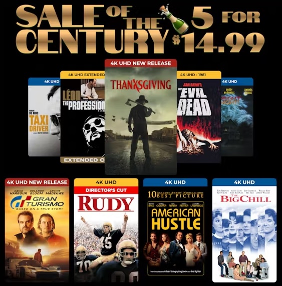 Sony/Columbia Pictures Sale of the Century Digital Films 4K/HD 5 for $14.99 Gran Turismo, Thanksgiving, The Evil Dead 1981 , American Hustle, Taxi Driver, Whiplash Many More