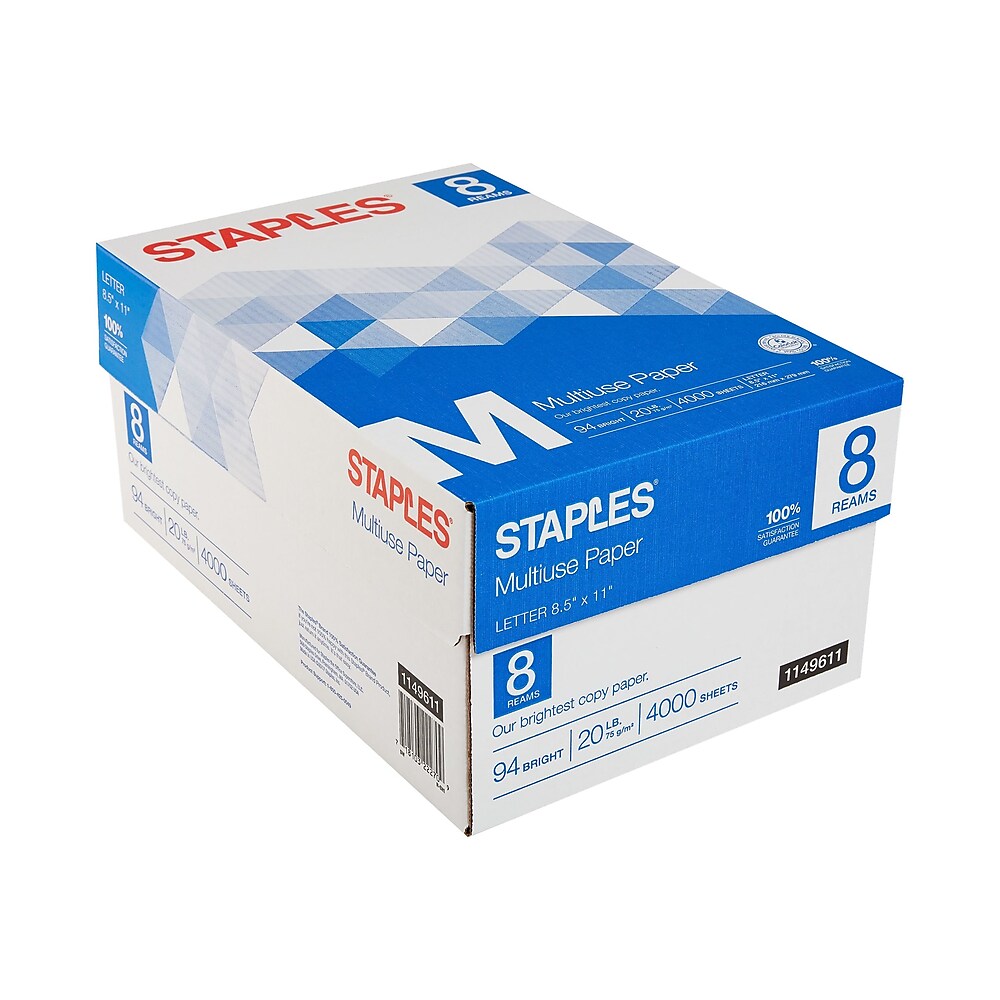 Staples Multiuse Copy Paper, 8.5 x 11 , 20 lbs., 94 Brightness, 500 Sheets/Ream, 8 Reams/Carton 26860-CC $39.99 earn $20