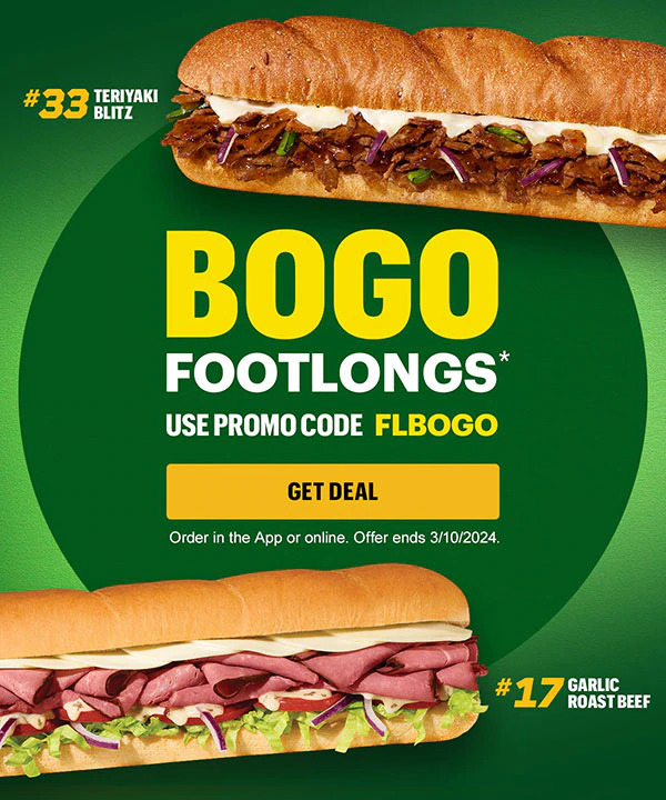 Subway BOGO Footlong Subs - participating locations