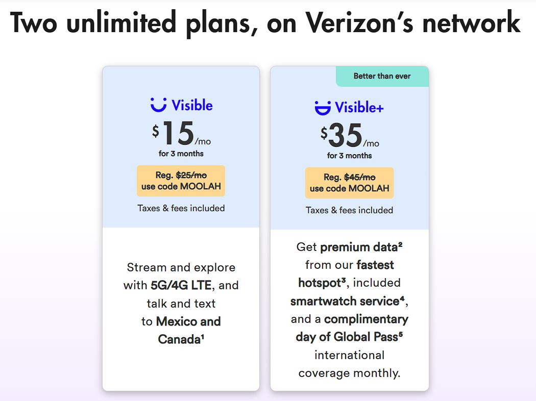 Two unlimited plans, on Verizon network - Visible for 3 months