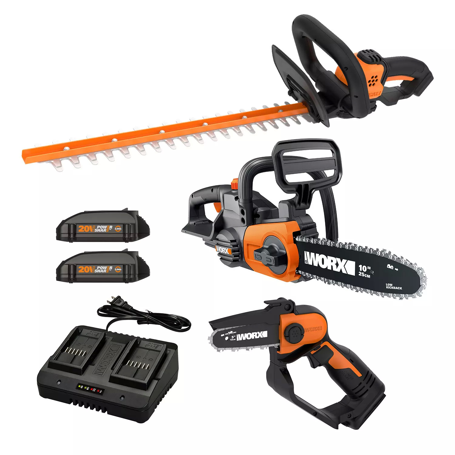 Worx 22 Hedge Trimmer, 5 Pruning Saw, 10 Cordless Chainsaw Combo Kit $149.98