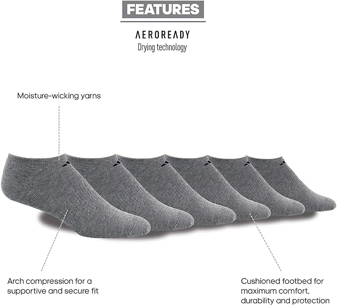 Adidas Mens Athletic Cushioned No Show Socks with Arch Compression for a Secure Fit 6-Pair $10